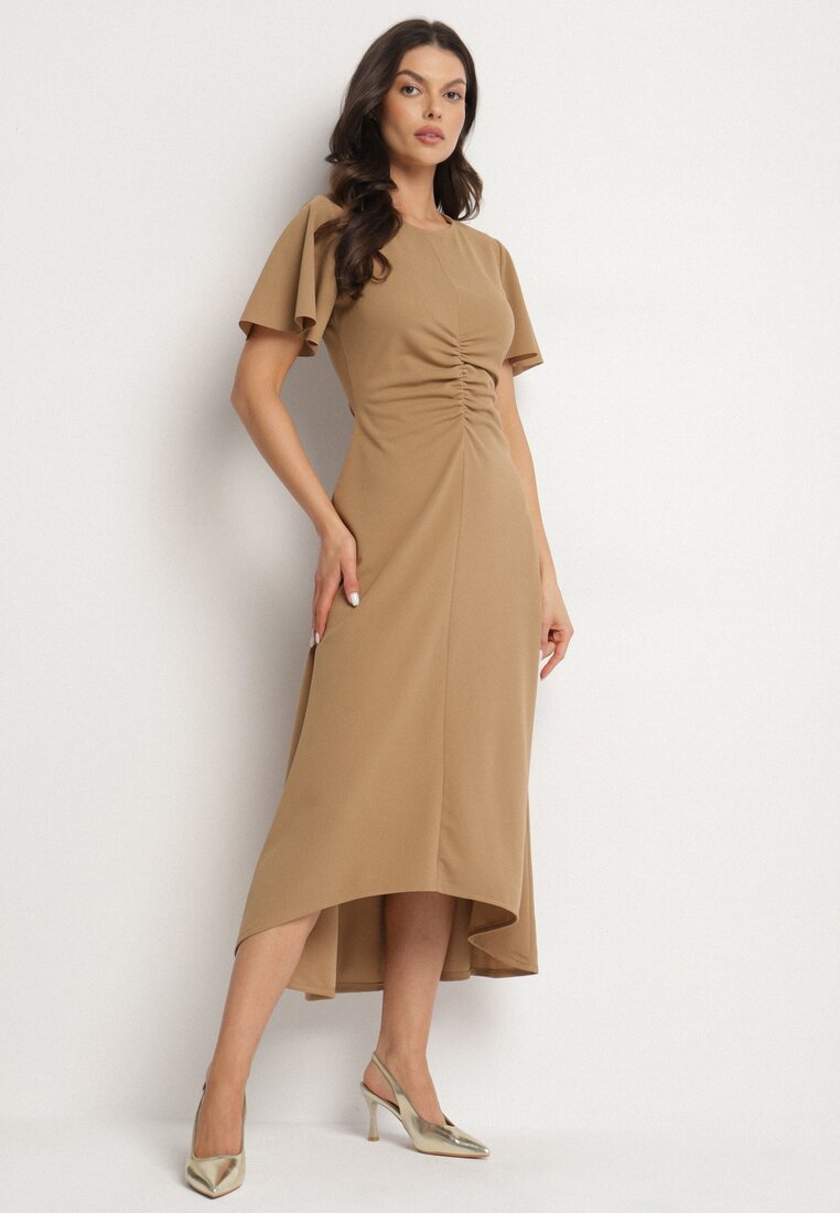 Rochie Evazată Bej închisă Decorată cu încrețituri Odallica