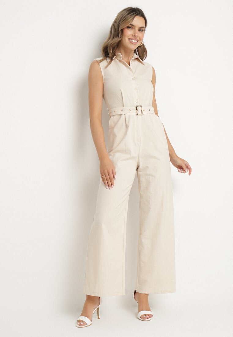 Salopetă Bej deschis Cambrată din Viscoză cu Guler și Curea cu Cataramă Ravinini