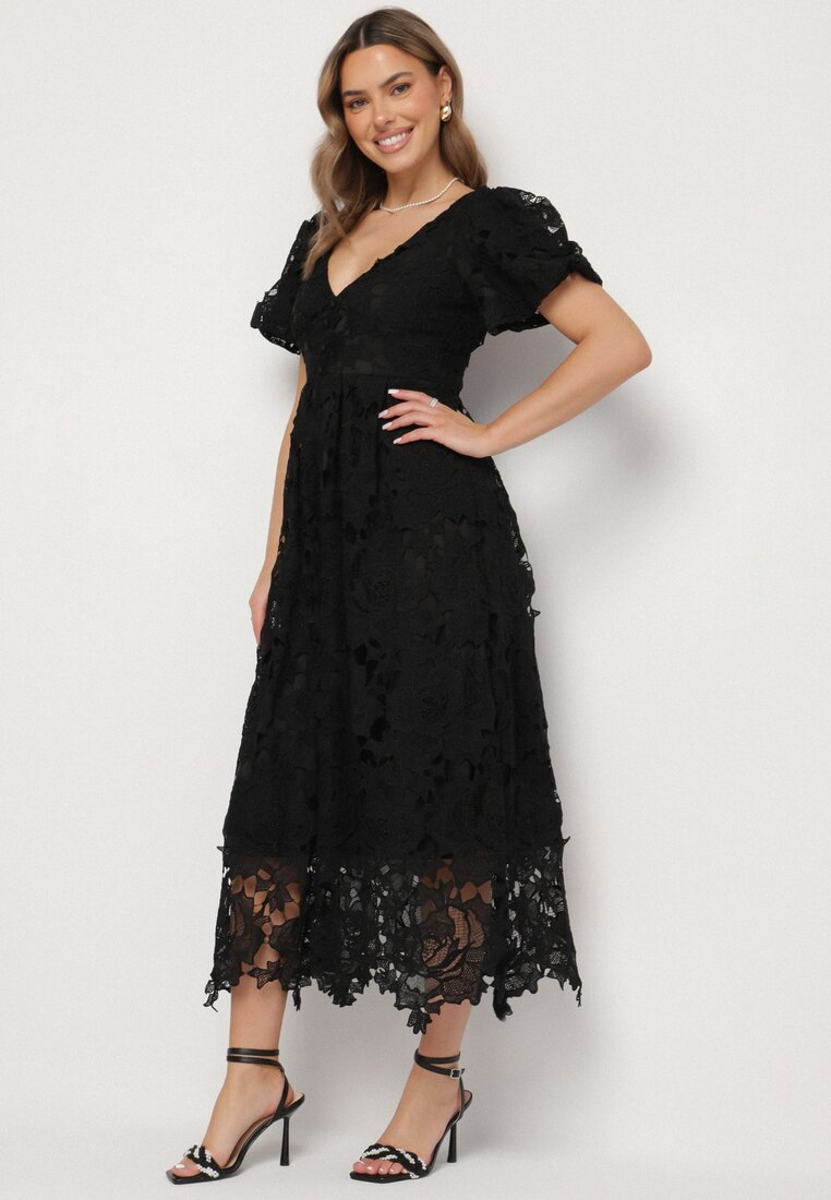 Rochie Neagră Dantelată cu Mânecă Scurtă Bufantă Ulessa