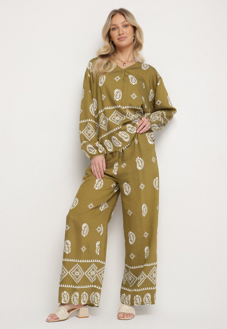 Set Verde închis în Stil Rustic Bluză Lejeră și Pantaloni cu Vâscoză Emilaris