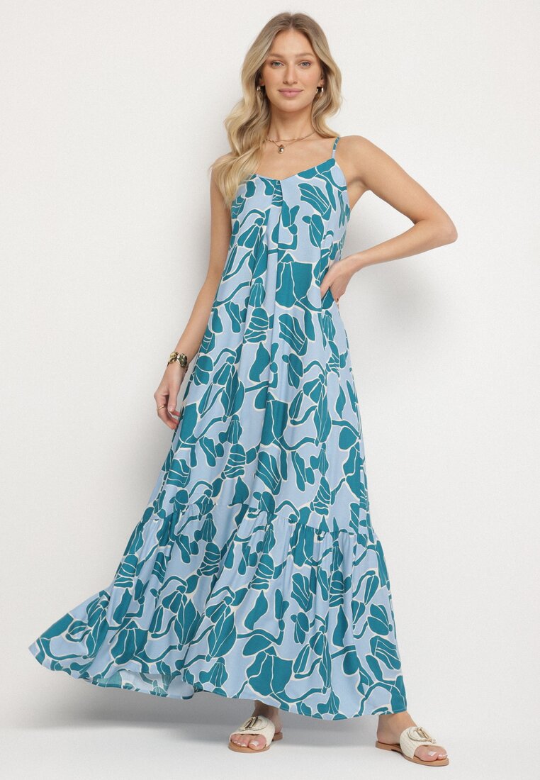 Rochie Albastră Cloș cu bretele din țesătură de viscoză cu flori Sepelvia