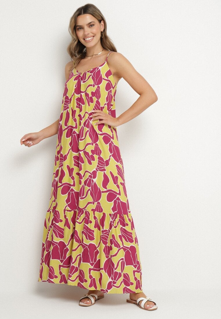 Rochie Cloș verde deschis cu bretele din țesătură de viscoză florală Sepelvia