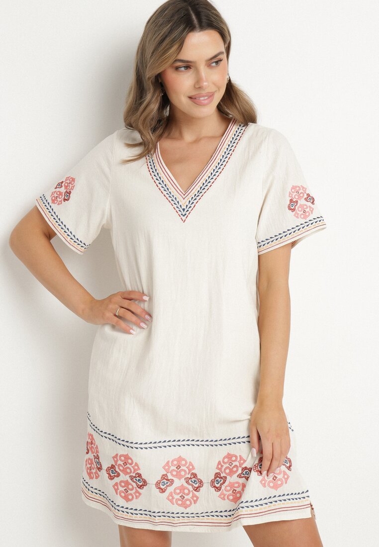 Rochie Roșie de Bumbac cu Croială Dreaptă Decorată cu Broderii Tirkio