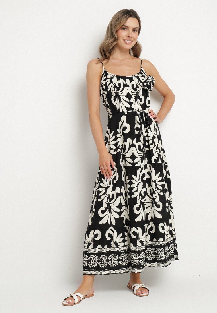 Rochie Negru-Alb din vâscoză cu bretele cu legătură și broșă Marizena