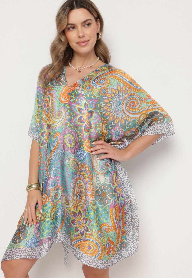 Poncho verde din Vascoză cu Mătase cu Imprimeu Abstract Idellora