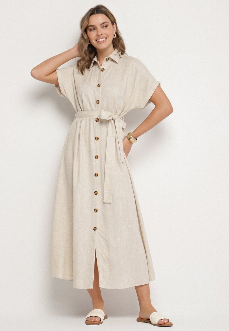 Rochie Bej Tip Cămașă cu In, Viscoză și Curea Lenaviel