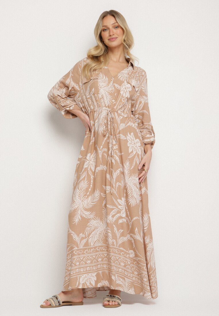 Rochie cămașă Bej Închis Decorată cu Model Exotic din Viscoză Merasitia