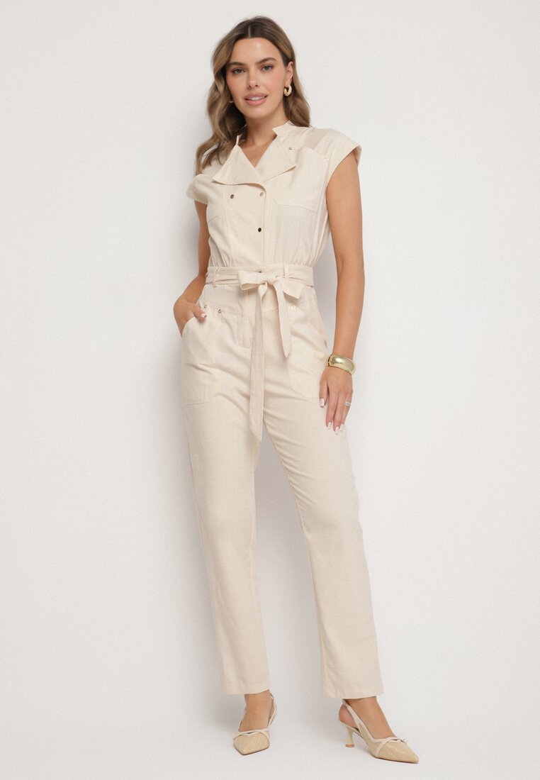 Salopetă Bej din viscoză cu croială tip cămașă cu cordon legat și capse Sepalisa