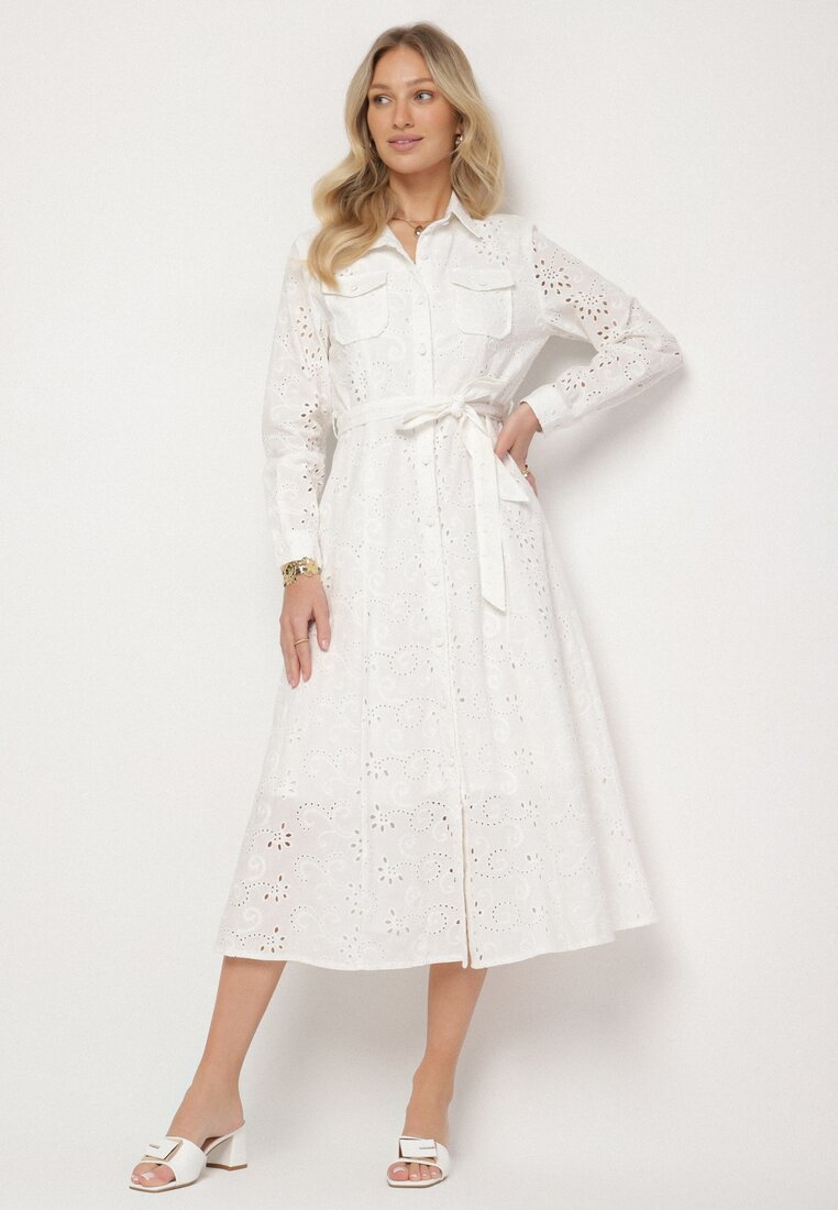 Rochie albă de bumbac cu model ajurat și curea Noviellea