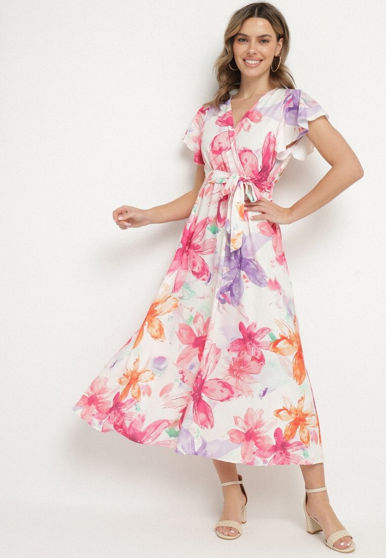 Rochie Fucsia florală cu croială petrecută cu cordon legat Redanae