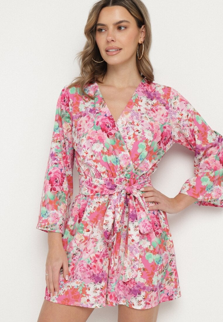 Salopetă Roz cu Croială Petrecută, cu Cordon Legat și Mâneci Largi Tefonea