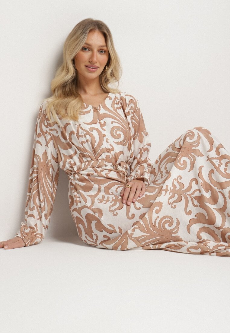 Rochie Bej deschis Evazată din Viscoză cu Legare cu Model Abstract Ridimarelle