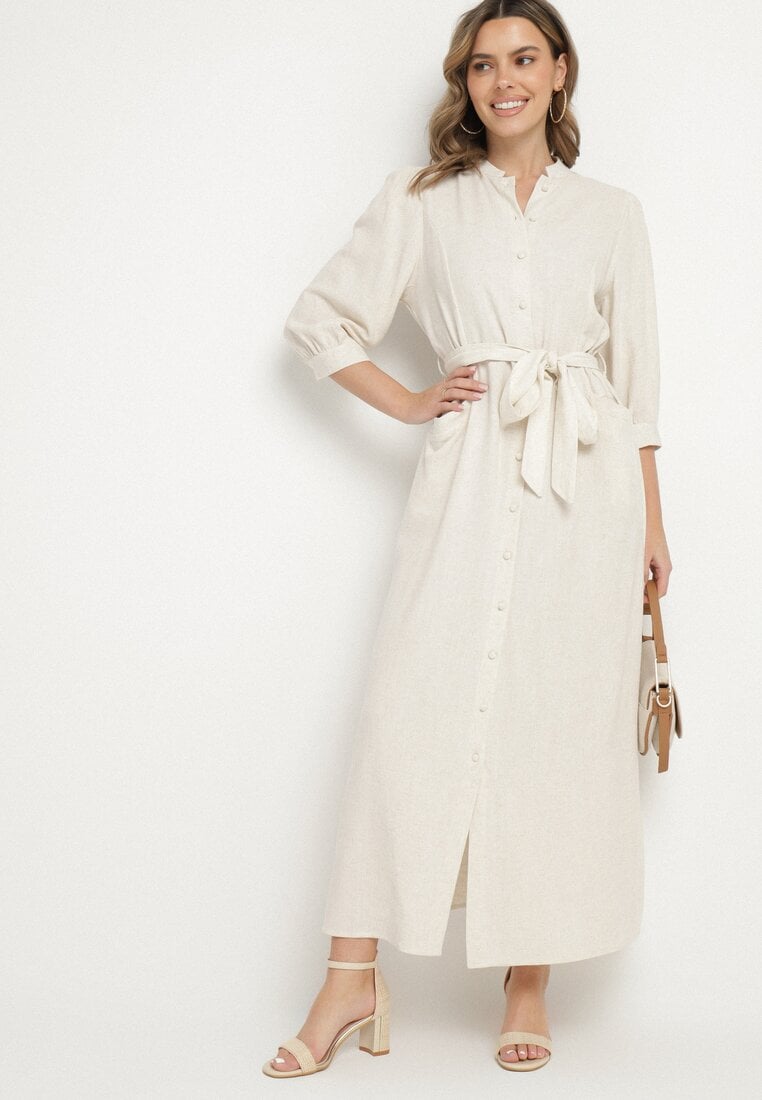 Rochie tip cămașă Bej închis cu in și viscoză Decorată cu curea Galowena