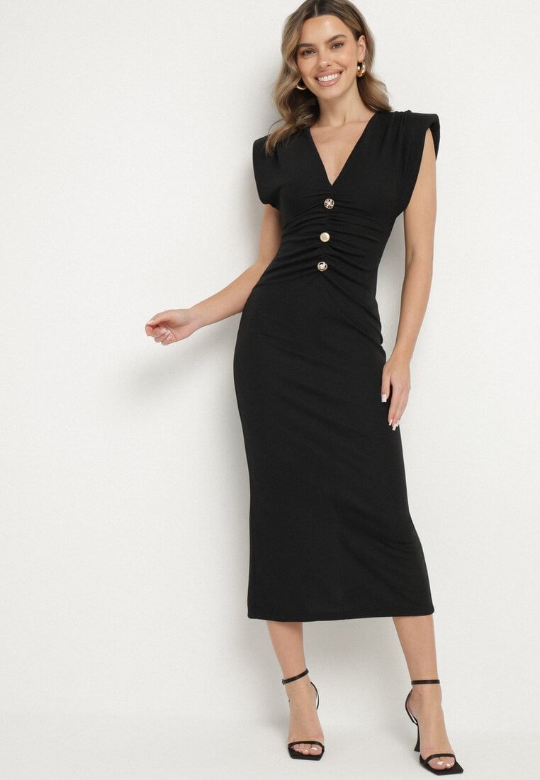 Rochie neagră mulată de cocktail cu umeri întăriți Galissina