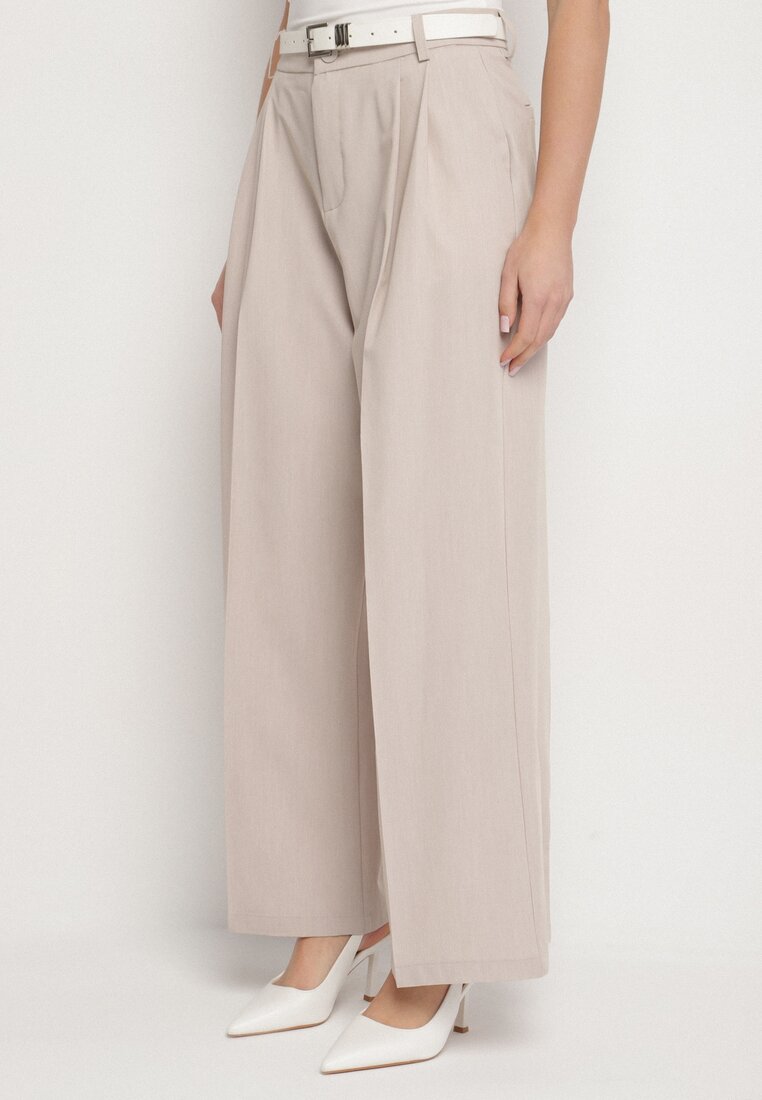 Pantaloni de Costum Largi Bej deschis cu Vâscoză Decorați cu Pliuri Galomira