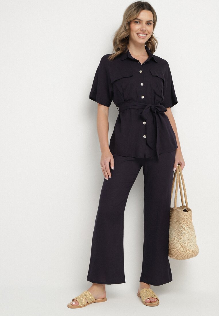 Compleu Bleumarin cu Viscoză In Cămașă cu Centură și Pantaloni Largi Galorisa