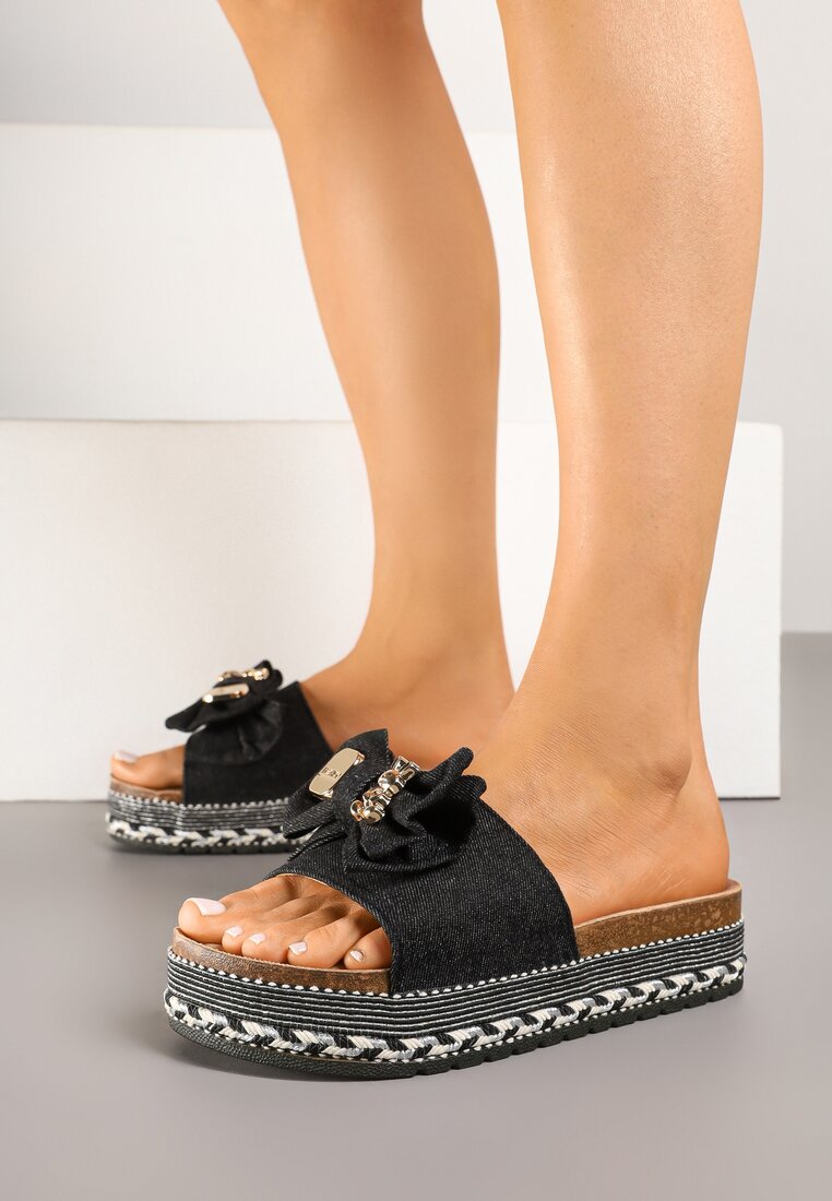 Papuci Negri cu Talpă Groasă Decorați cu Fundă cu Aplicații Metalice Tenalenea