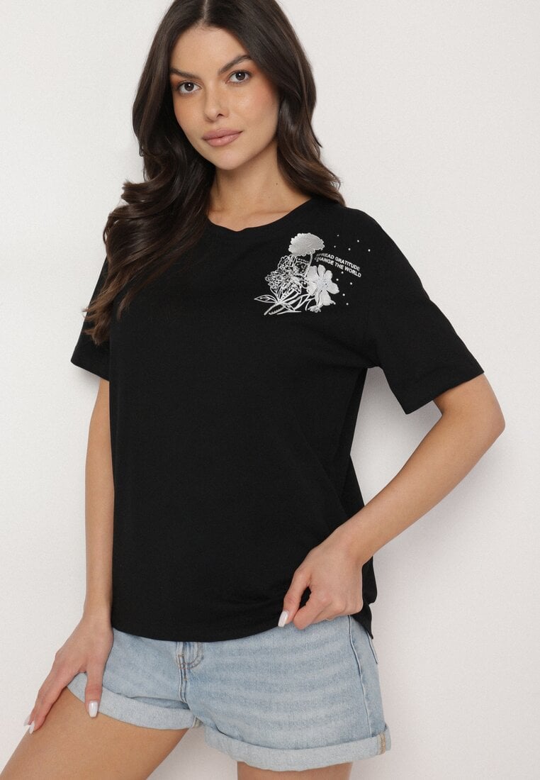 Tricou Negru din Bumbac Decorat cu Imprimeu cu Zirconii Telerea