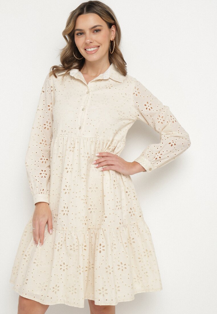 Rochie bej din bumbac Decorată cu broderie Folira