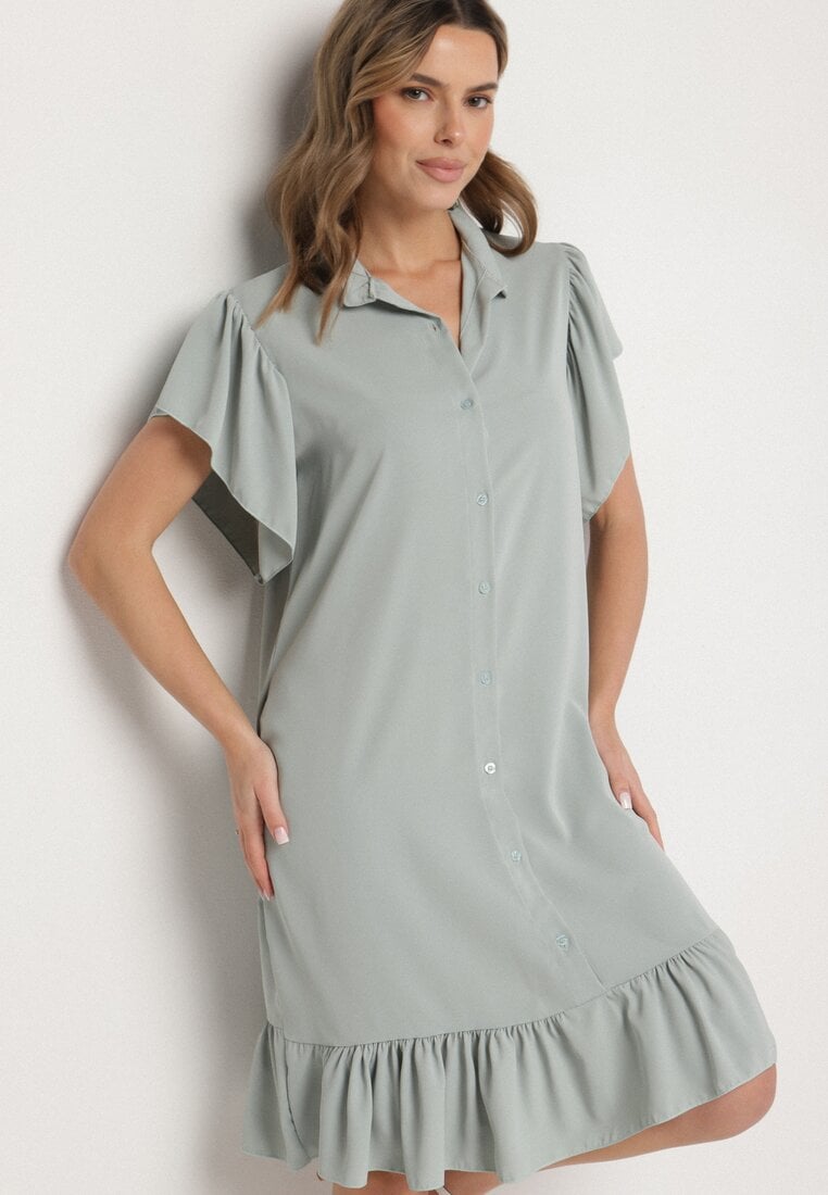 Rochie tip cămașă Verde deschis cu nasturi și volane Tenalena