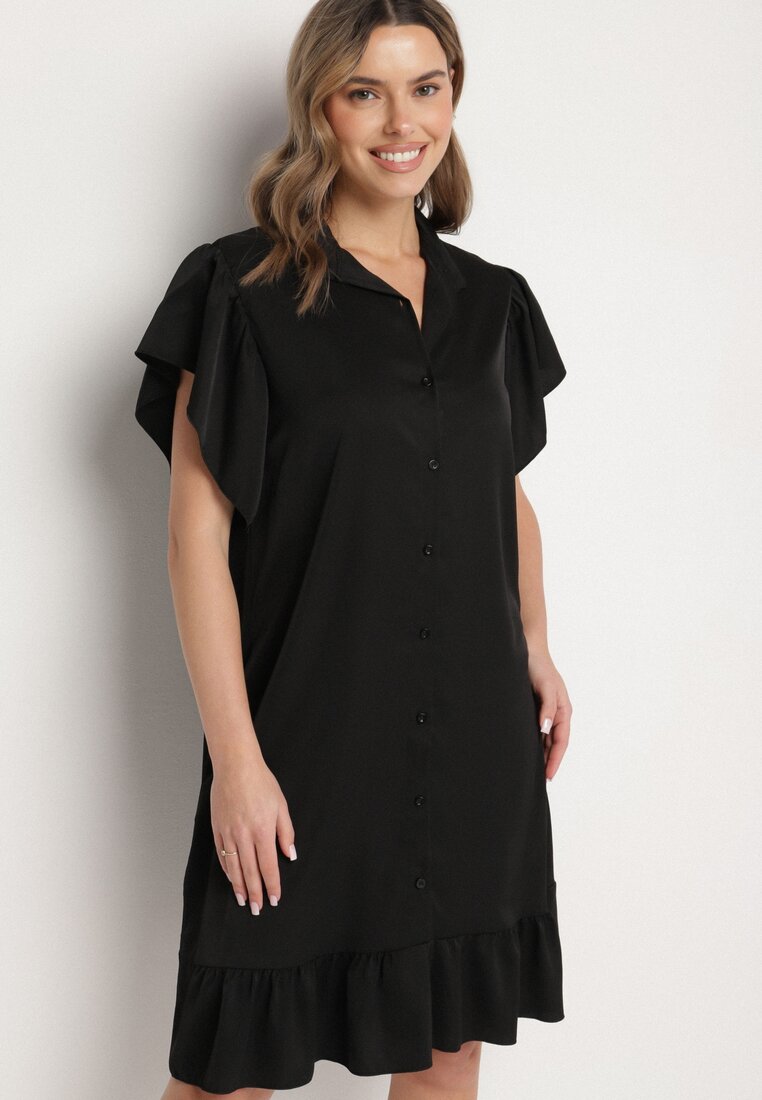 Rochie Neagră tip cămașă cu nasturi și volane Tenalena
