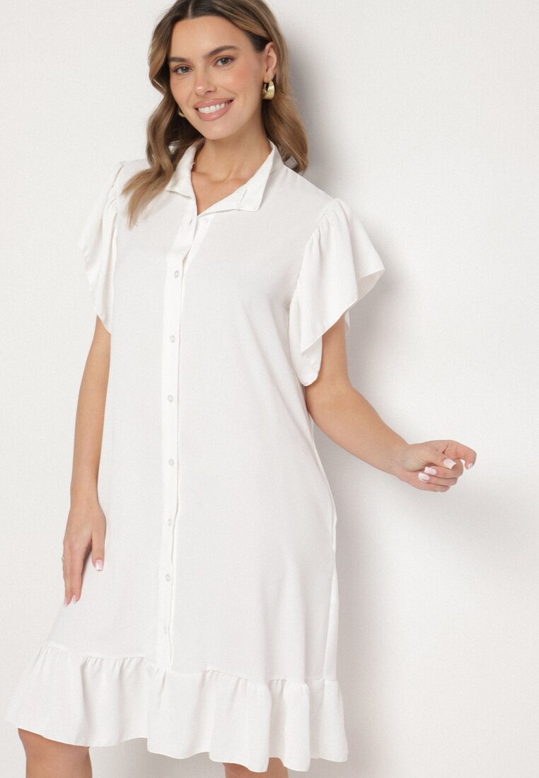 Rochie cămașă Albă cu nasturi și volane Tenalena