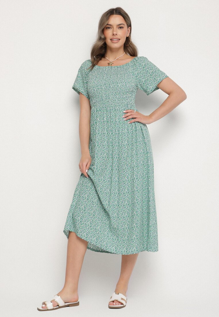 Rochie Verde Evazată Spanie din Bumbac cu Imprimeu Floral Sadrivae