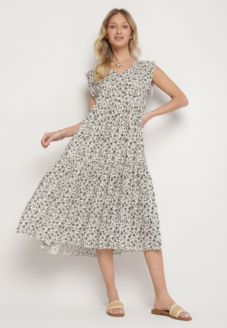 Rochie Bej-Bleumarin din Bumbac cu Croi Evazat, cu Volane și Decolteu în V Ifforine