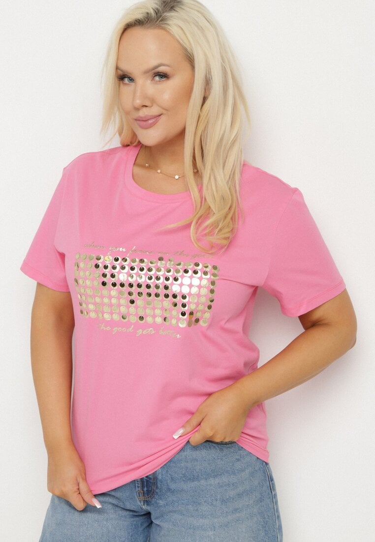 Tricou roz din bumbac decorat cu paiete Lirenell