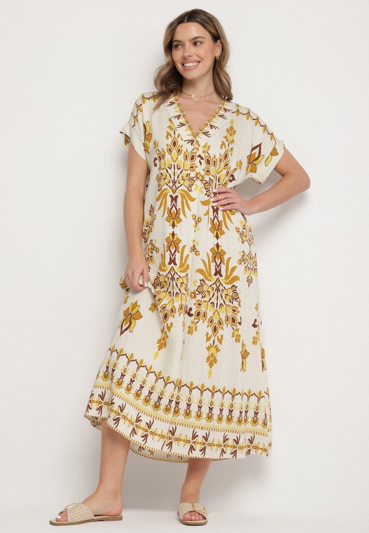 Rochie Galbenă cu In, Croială Boxy, Decolteu în V Iffire