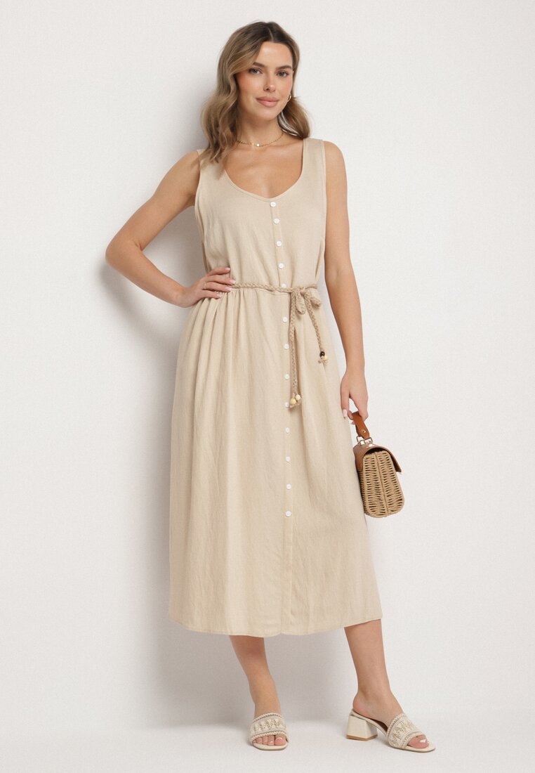 Rochie viscoză bej cu croi evazat cu nasturi Natesana