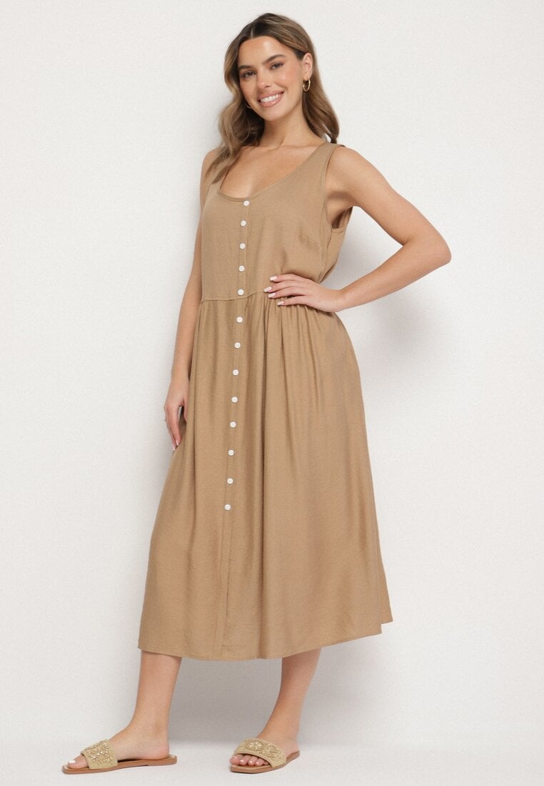 Rochie viscoză Bej închis cu croi evazat cu nasturi Natesana