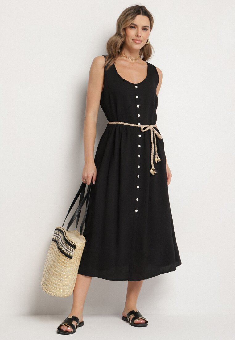 Rochie Neagră de viscoză cu croi evazat cu nasturi Natesana