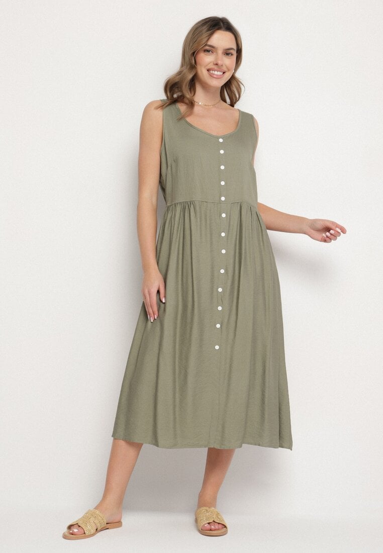 Rochie verde din viscoză evazată cu nasturi Natesana