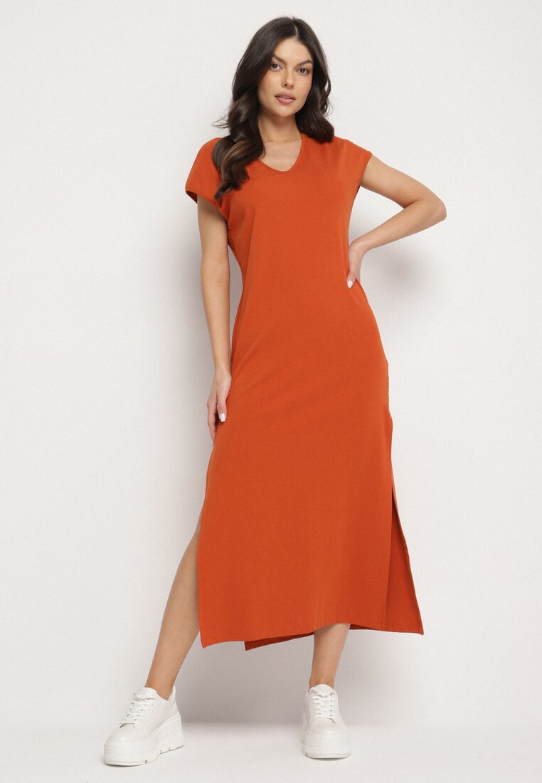 Rochie Tip Cutie de Bumbac Portocalie cu Decolteu Triunghiular cu Crăpătură Natrisenia