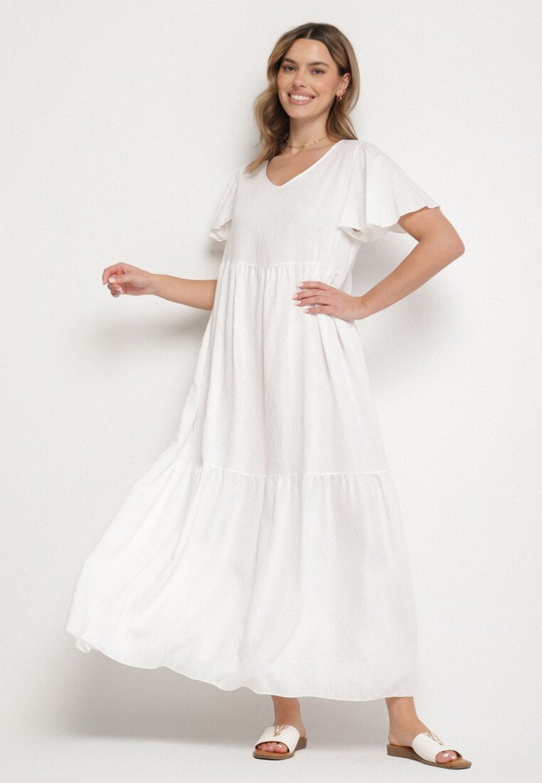 Rochie Albă din Vâscoză cu Croi Evazat Nattalana