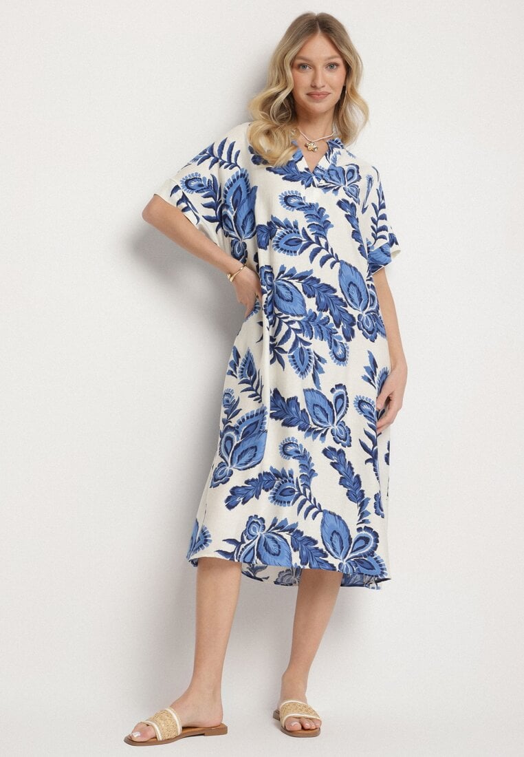 Rochie Albastră din Vâscoză și In Tip cutie cu Buzunare cu Model Floral Boho Natundelia