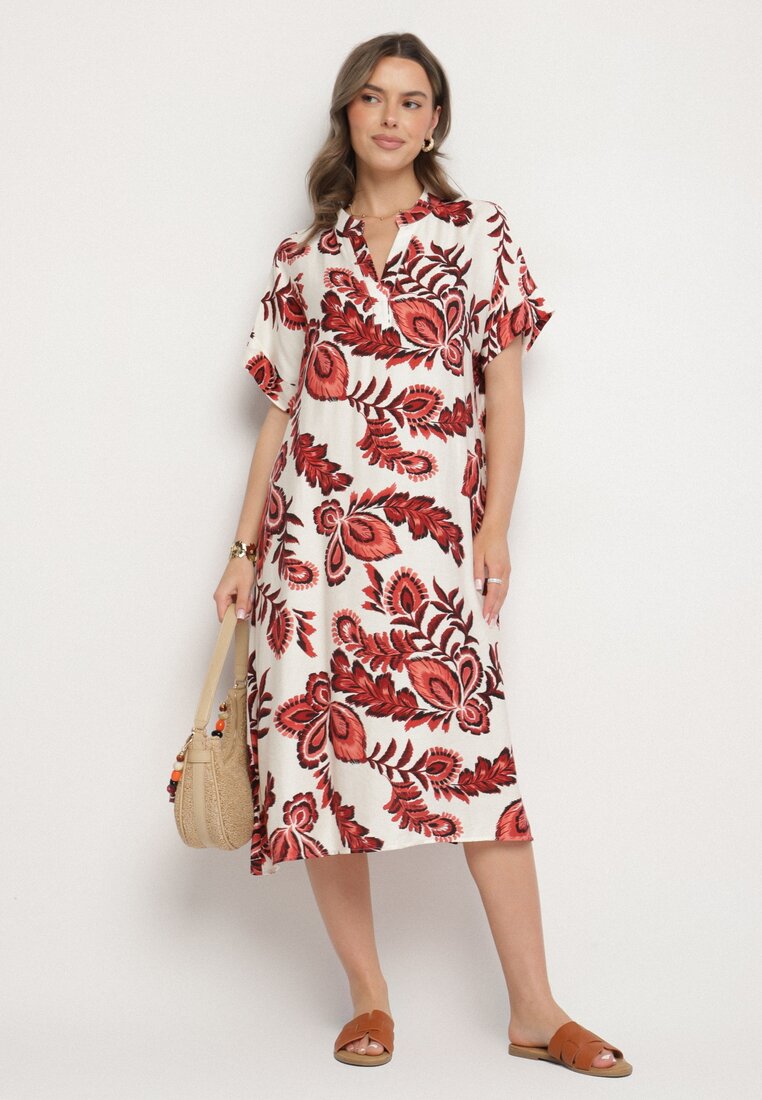 Rochie vișinie dreaptă cu buzunare, cu vâscoză și in, cu imprimeu floral Boho Natundelia