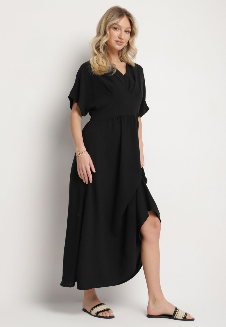 Rochie evazată neagră cu elastic în talie și decolteu în V Iffara