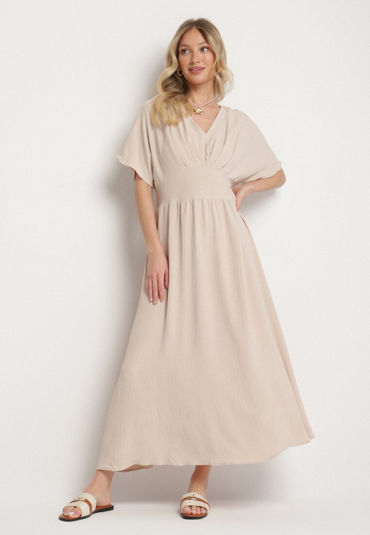 Rochie Bej Deschisă Evazată cu elastic în talie și decolteu în V Iffara