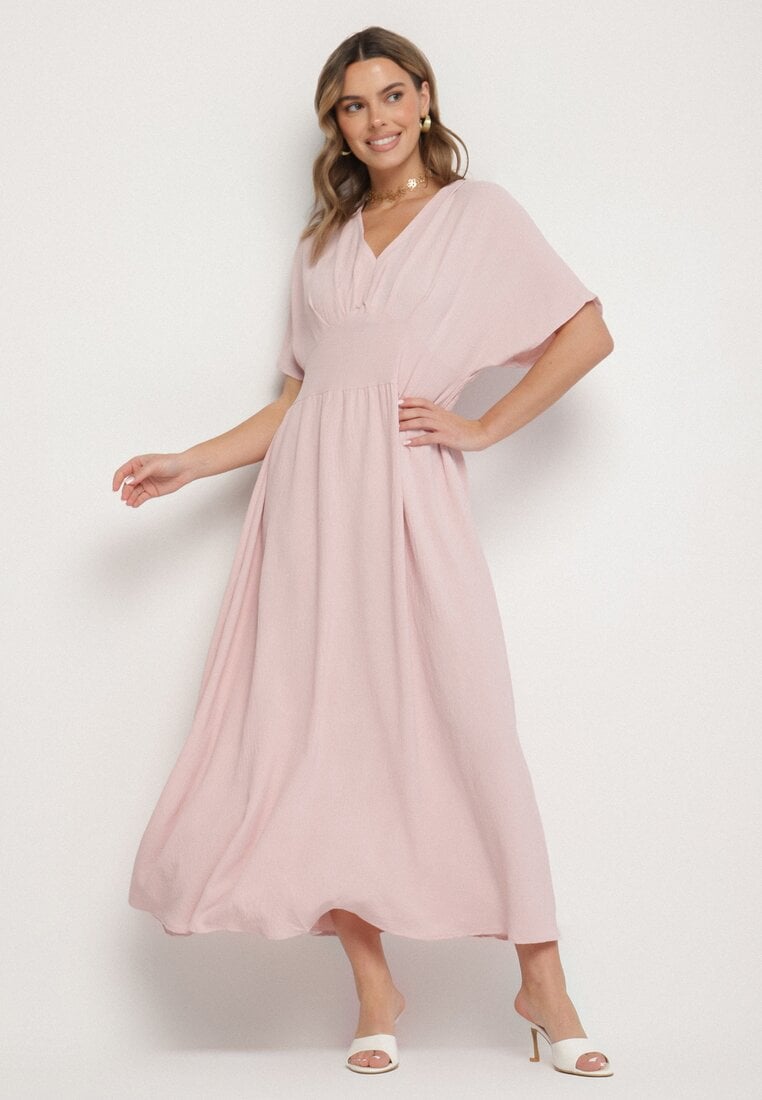 Rochie roz deschis evazată cu elastic în talie și decolteu în V Iffara