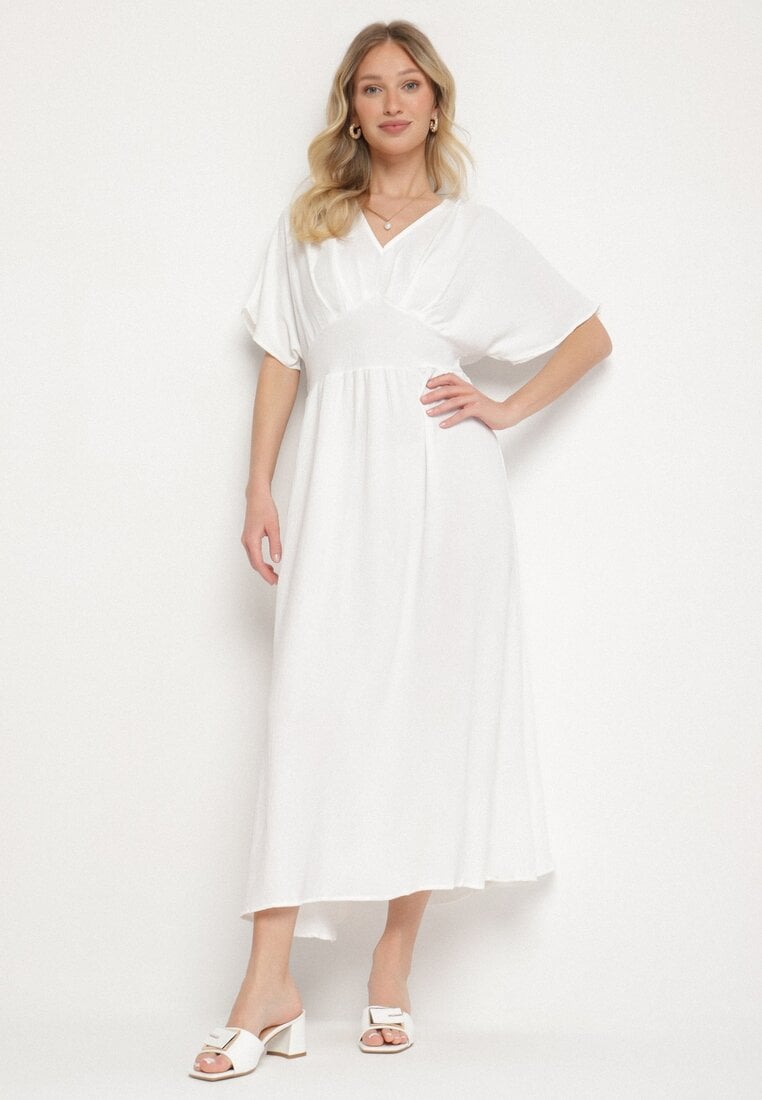 Rochie Albă Cloș cu elastic în talie și decolteu în V Iffara