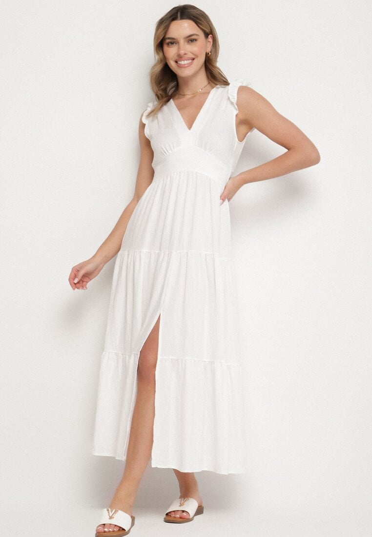 Rochie Albă din viscoză cu volane Sadoline