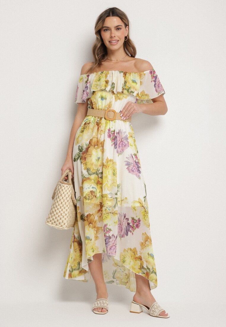 Rochie Galbenă Tip Spaniolă cu Flori cu Curea Sademire