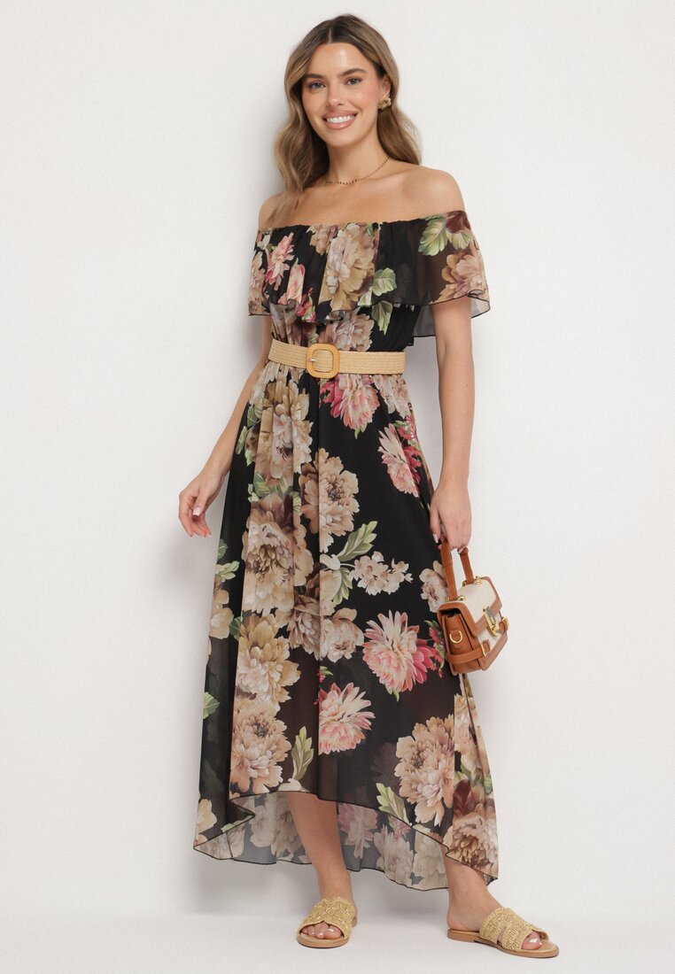 Rochie Neagră Tip spaniolă cu flori cu curea Sademire