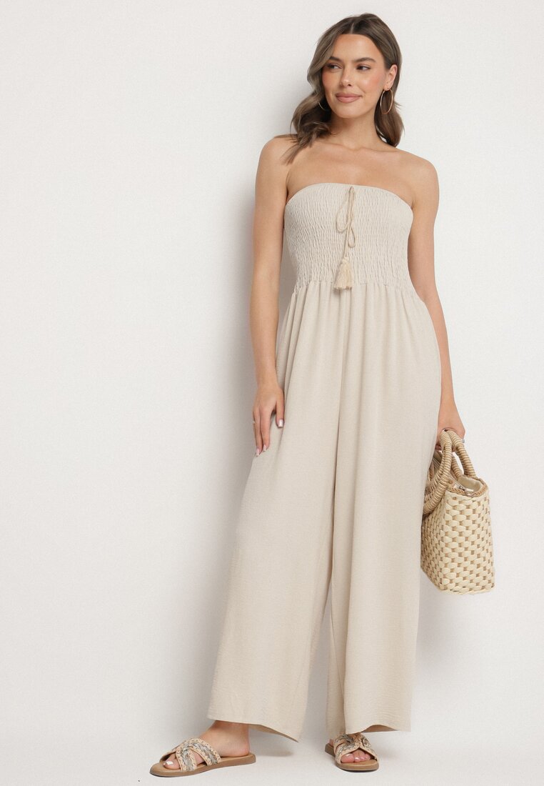 Salopetă Bej Fără Mâneci cu Picioare Largi și Franjuri Dovilla