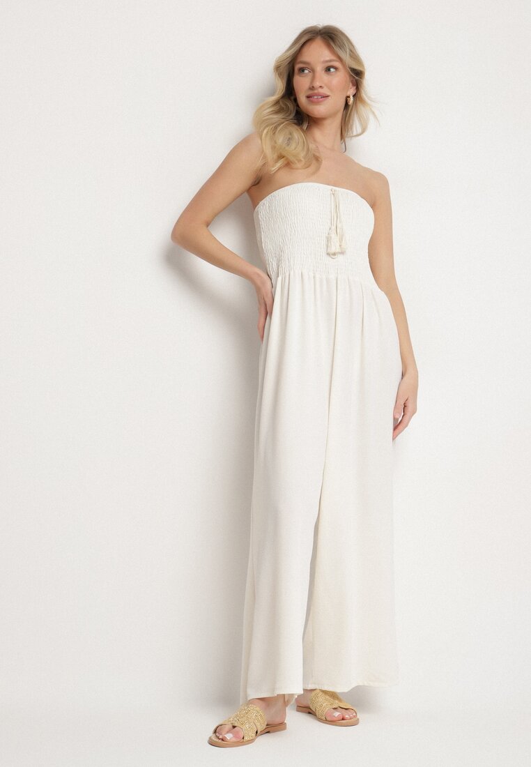 Salopetă Bej Deschis Fără Mâneci cu Picioare Lărgi și Franjuri Dovilla