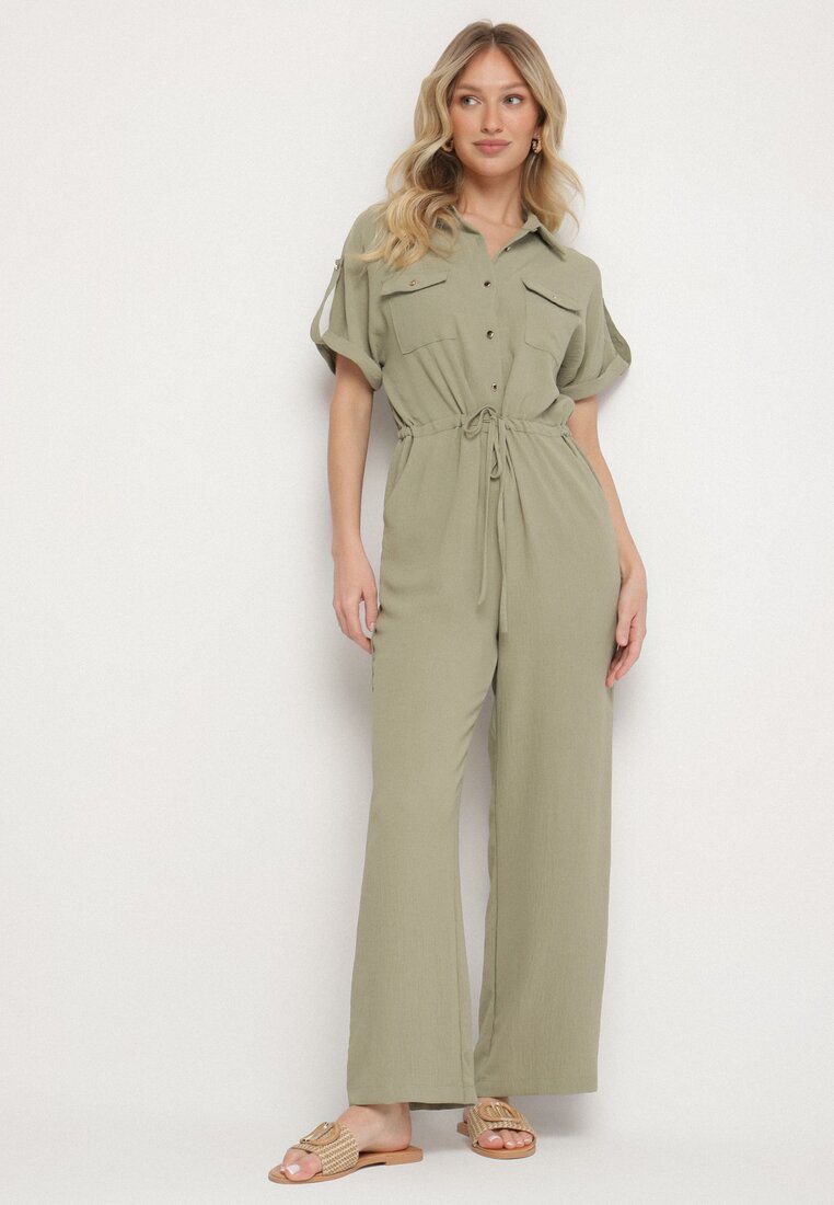 Salopetă Verde închis cu croială tip cămașă, mânecă scurtă și cordon în talie Mareriela