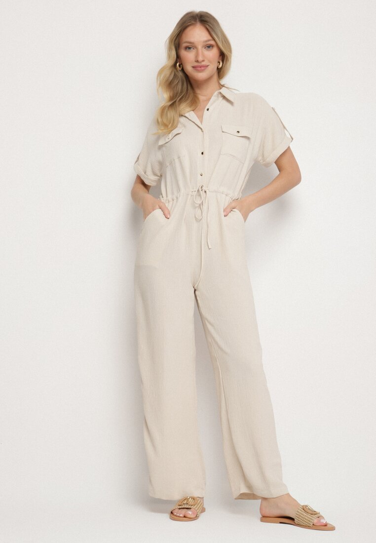 Salopetă Bej deschis stil cămașă cu mânecă scurtă și cordon în talie Mareriela