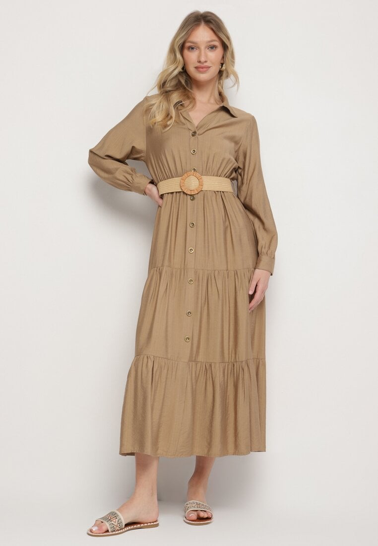 Rochie cămașă Bej închis din Viscoză cu Centură Elastică cu Cataramă Felucia